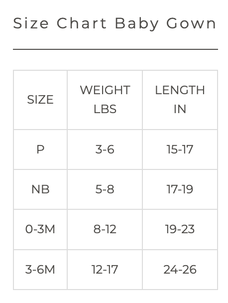 Size chart for baby gowns showing size, weight, and length measurements.