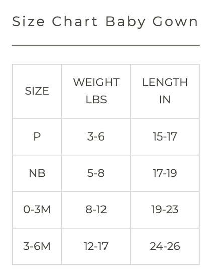 Size chart for baby gowns showing size, weight, and length measurements.