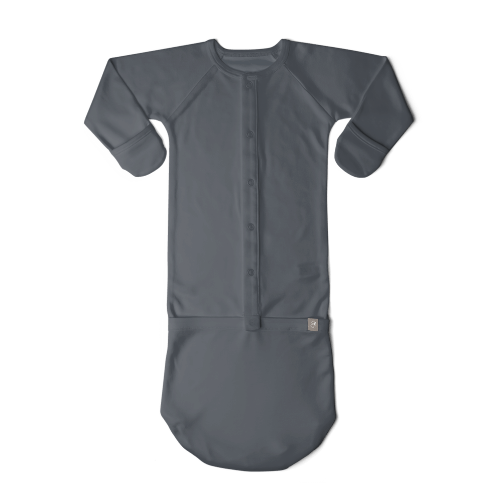 Gray baby onesie with short sleeves on a transparent background