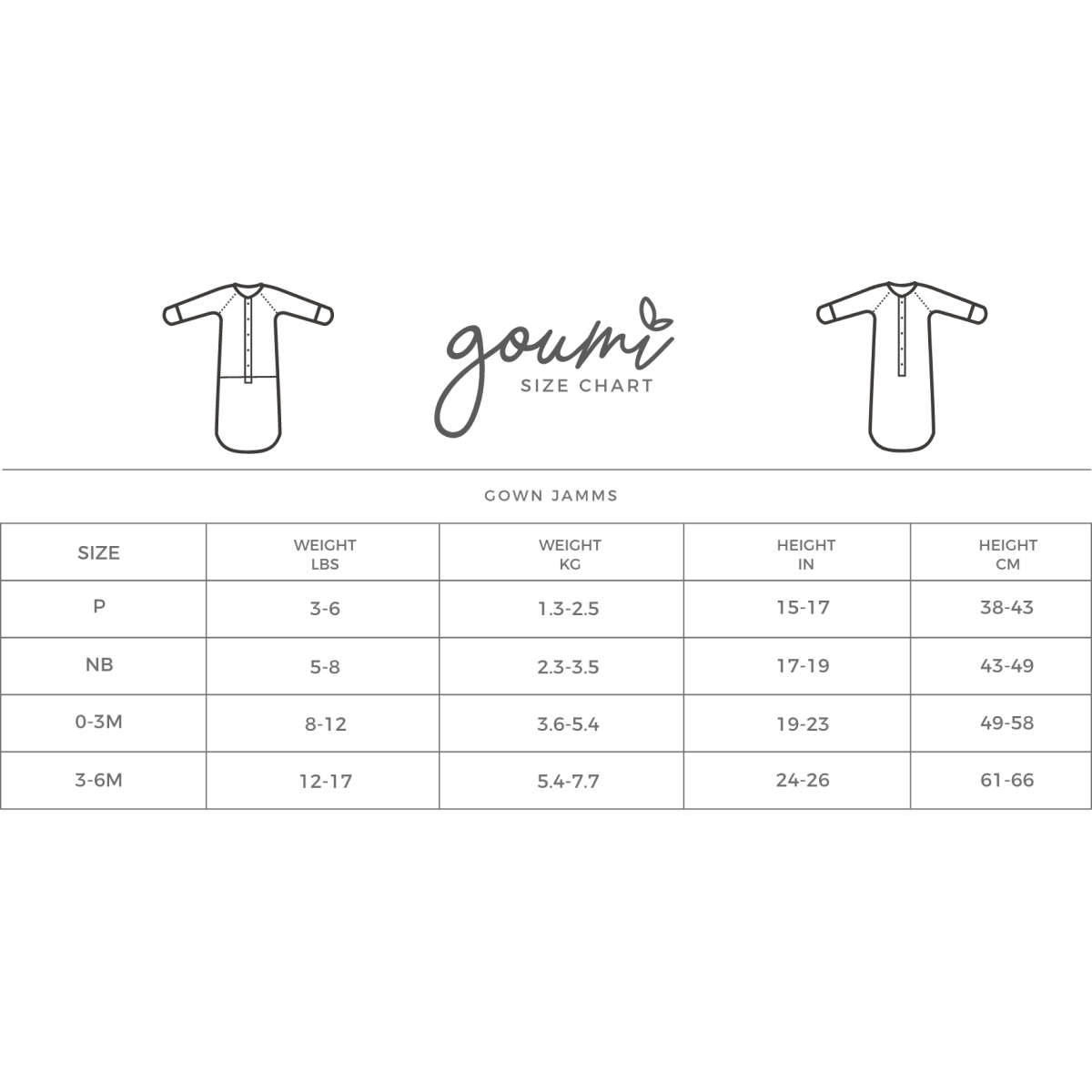 Goumi gown jamms size chart on a green background