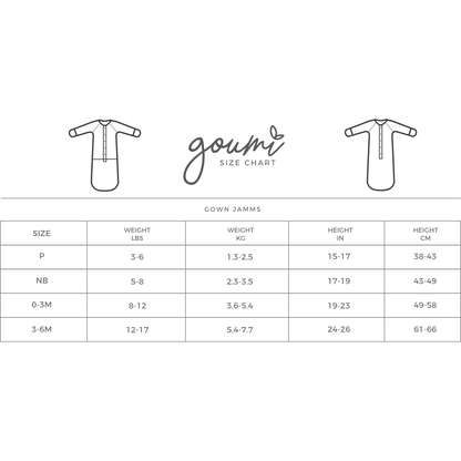 Goumi gown jamms size chart on a green background