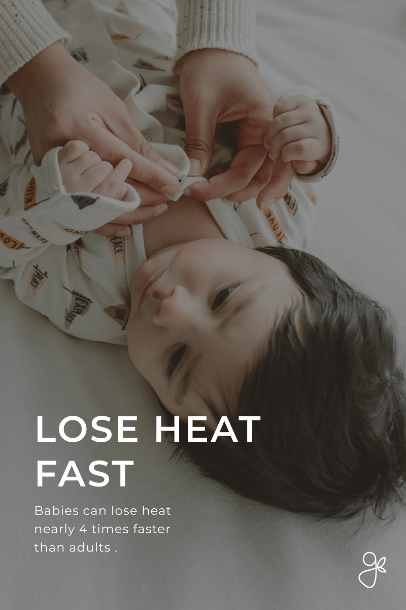 Baby lying on a white blanket with text about heat loss, overlaid on a dark filter.