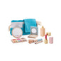 Children's toy makeup set with mirrors, brushes, and other items on a white background
