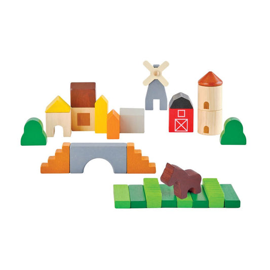 Set of colorful wooden building blocks on a white background