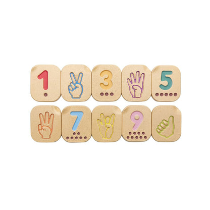 Set of wooden number blocks with colorful hand signs on a white background