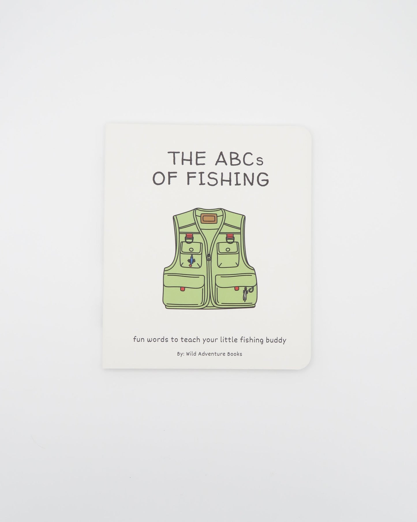 Book cover of 'The ABCs of Fishing' with a green fishing vest illustration on a light gray background.