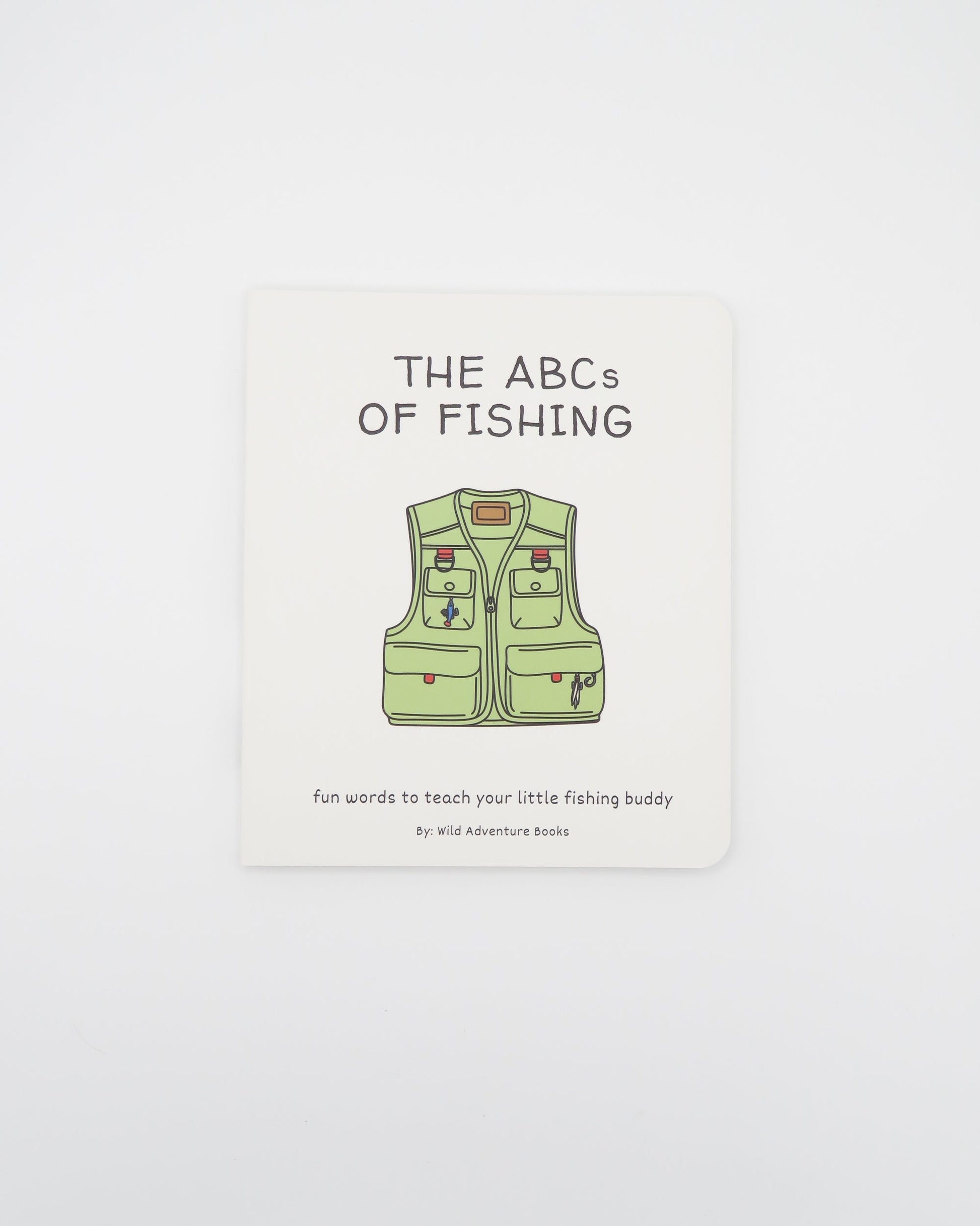 Book cover of 'The ABCs of Fishing' with a green fishing vest illustration on a light gray background.