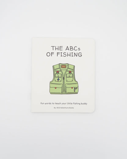 Book cover of 'The ABCs of Fishing' with a green fishing vest illustration on a light gray background.