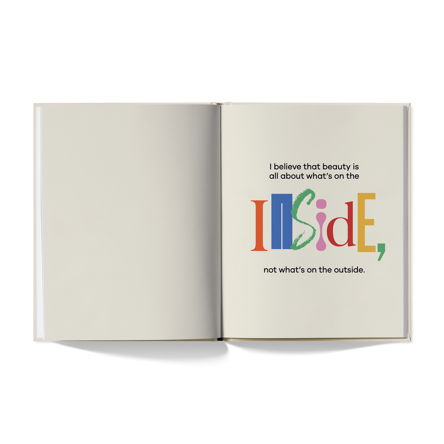 Open book with colorful text on a white background