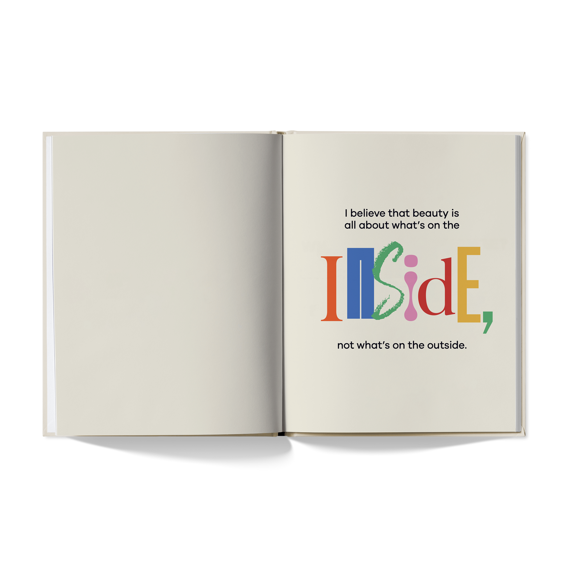 Open book with colorful text on a white background