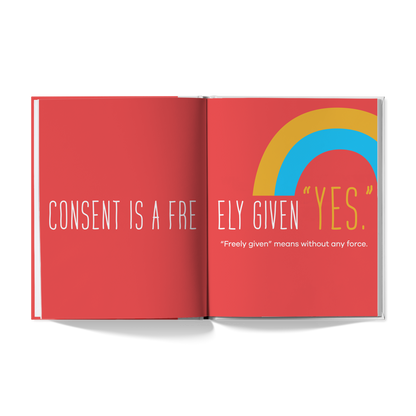Open book with red pages displaying text and a rainbow graphic on a white background