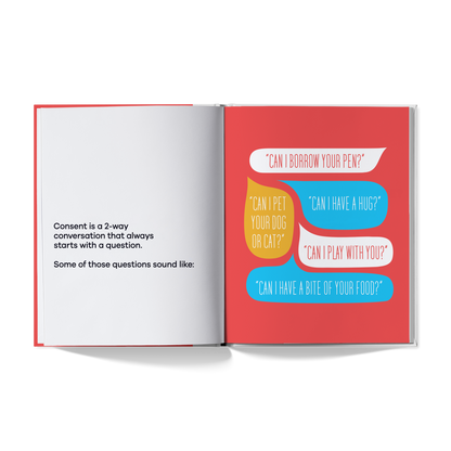 Open book with colorful text bubbles on a red background