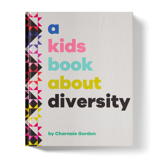 Book titled 'a kids book about diversity' by Charnae Gordon with colorful text and geometric design.