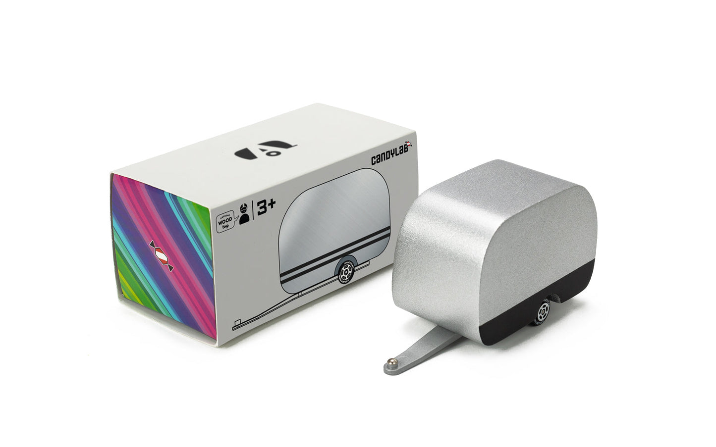 Silver electronic device with colorful packaging on a white background