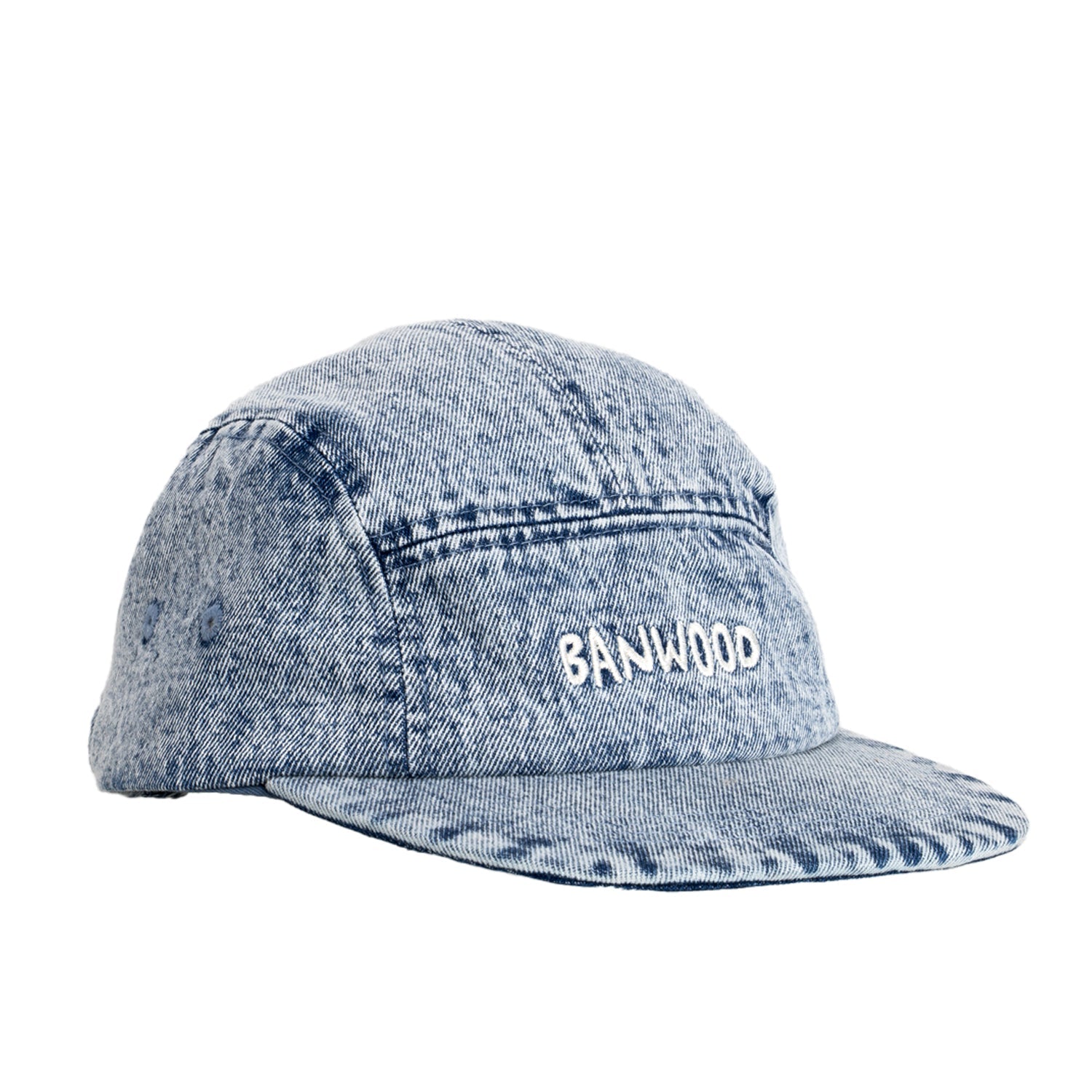 Blue denim cap with 'BANWOOD' branding on a white background