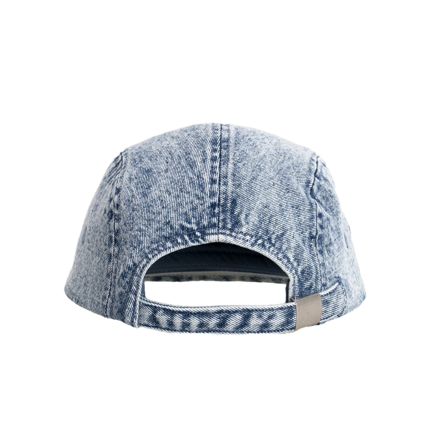 Back view of a denim cap on a white background