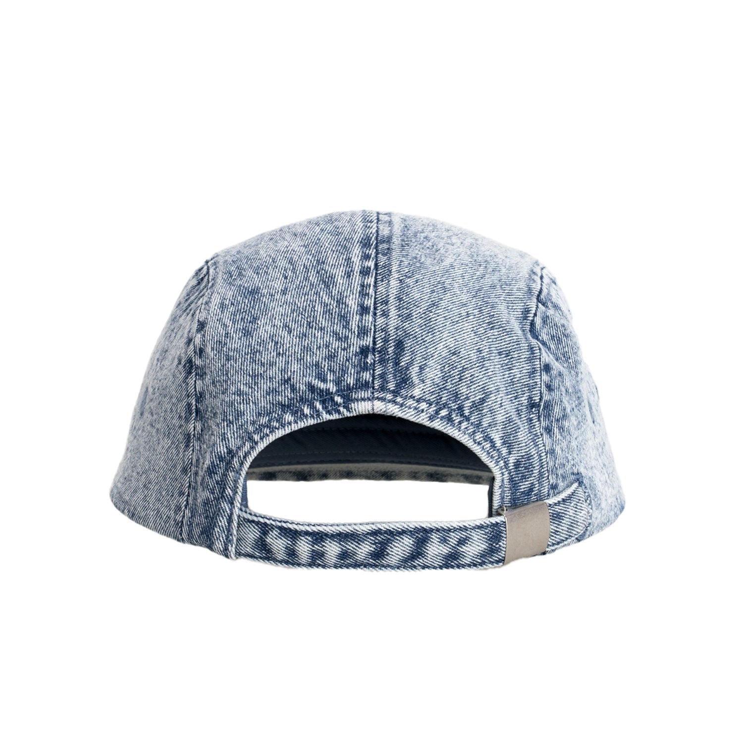 Back view of a denim cap on a white background
