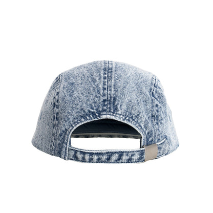 Back view of a denim cap on a white background