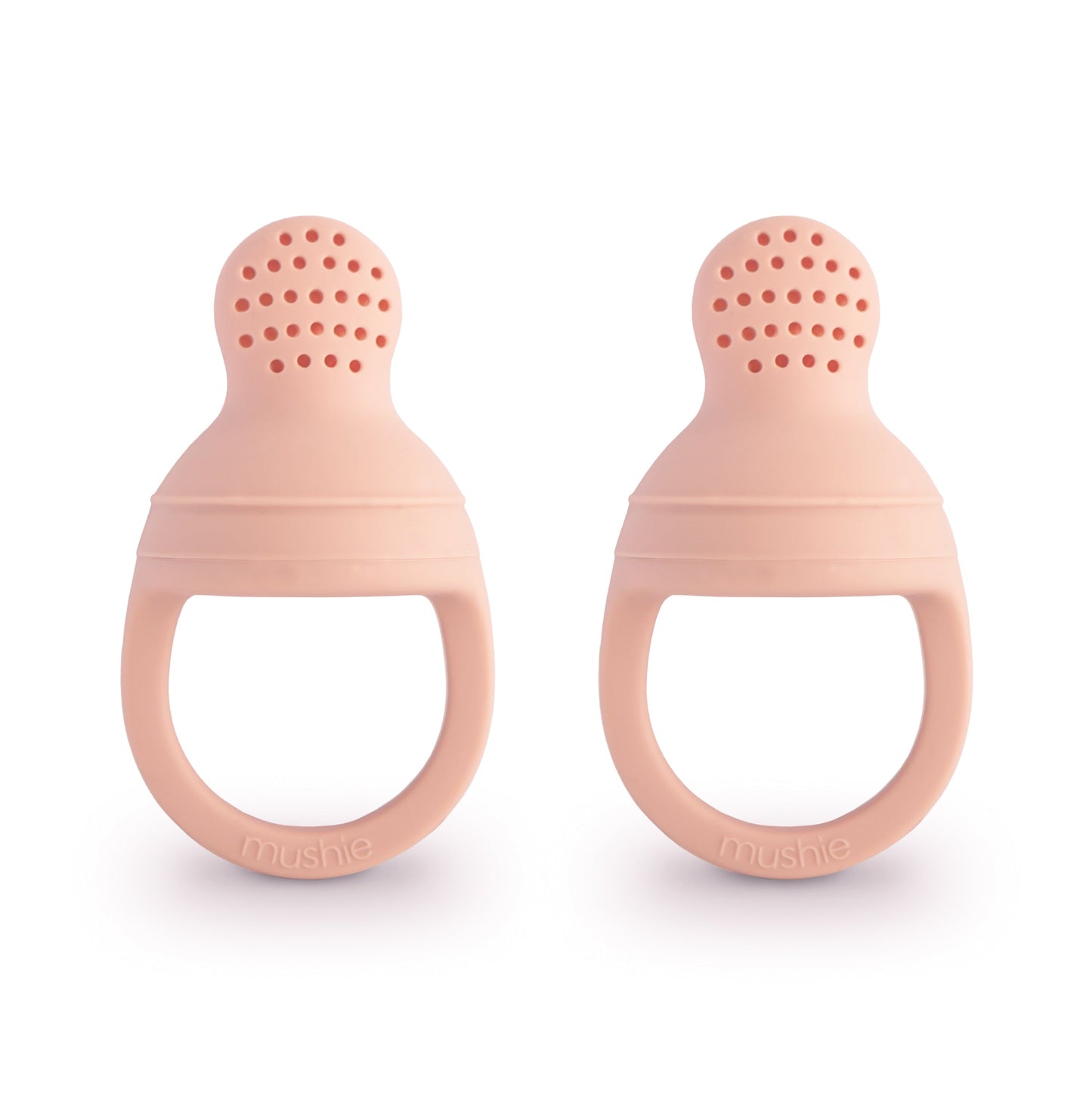 Two pink silicone teething rings on a white background