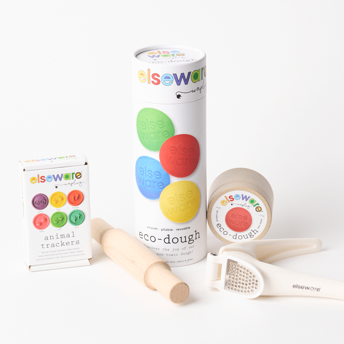 elseWear eco-dough packaging with tools on a white background