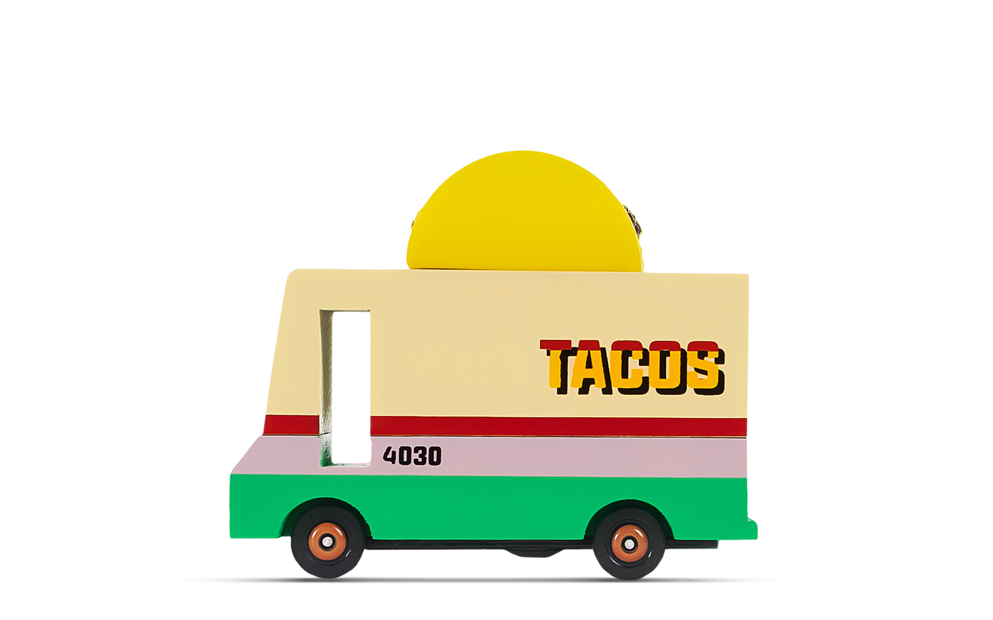 Toy taco truck with a yellow roof and green base on a white background