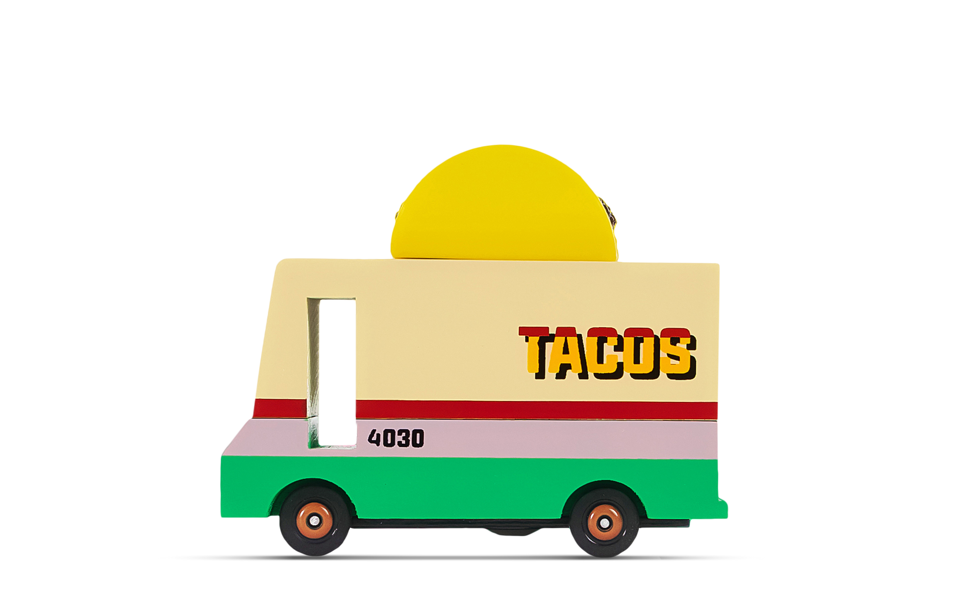 Toy taco truck with a yellow roof and green base on a white background