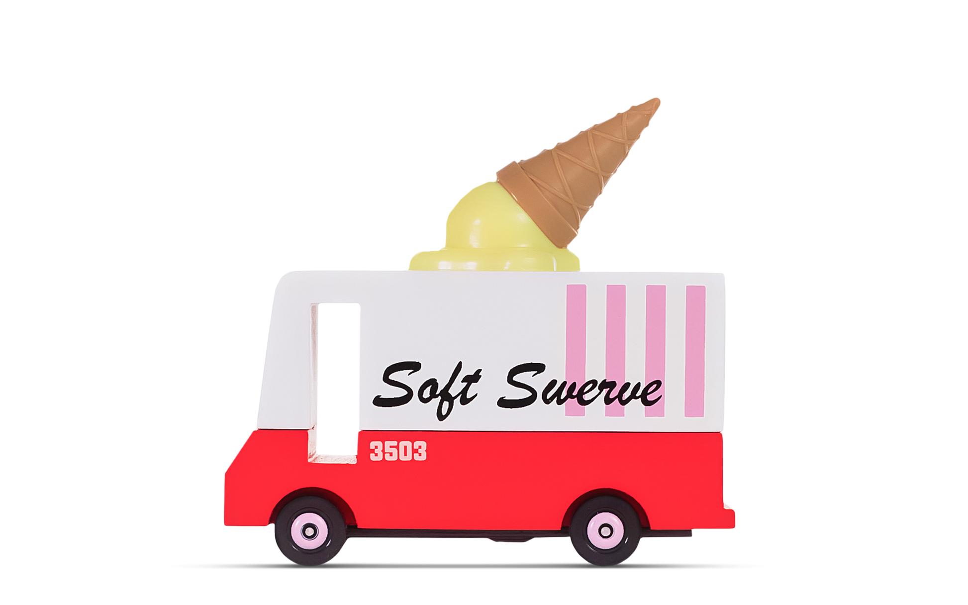 Toy ice cream truck with a cone on top against a white background