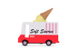 Toy ice cream truck with a cone on top against a white background