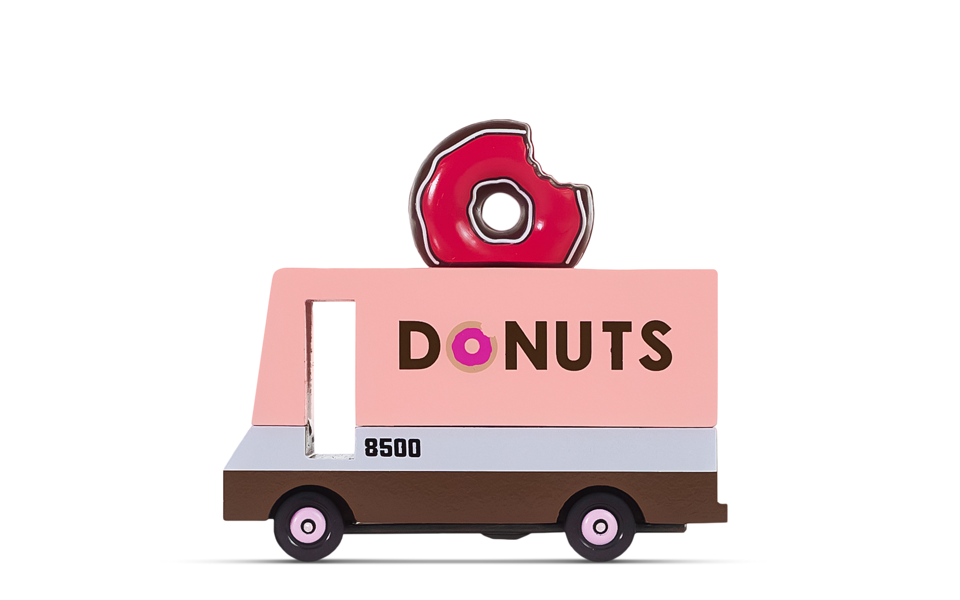 Cartoon donut delivery truck with 'DONUTS' on a white background
