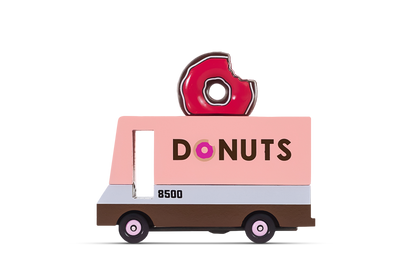 Cartoon donut delivery truck with 'DONUTS' on a white background