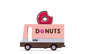 Cartoon donut delivery truck with 'DONUTS' on a white background