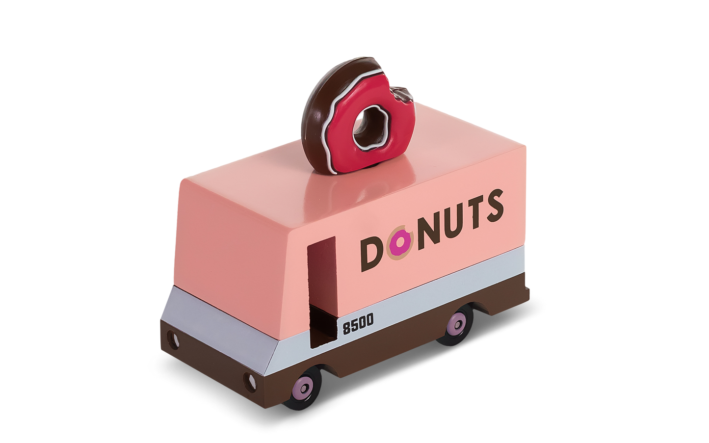Toy donut truck with a donut on top on a white background