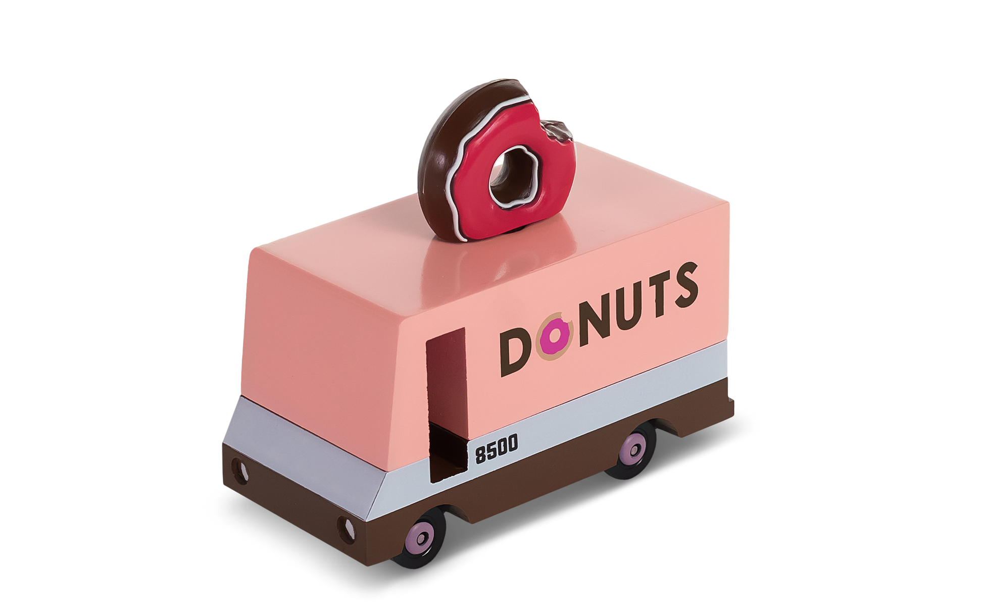 Toy donut truck with a donut on top on a white background