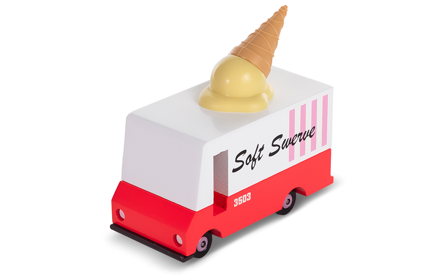 Toy ice cream truck with a cone on top against a white background