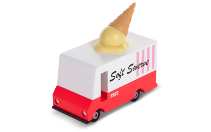Toy ice cream truck with a cone on top against a white background