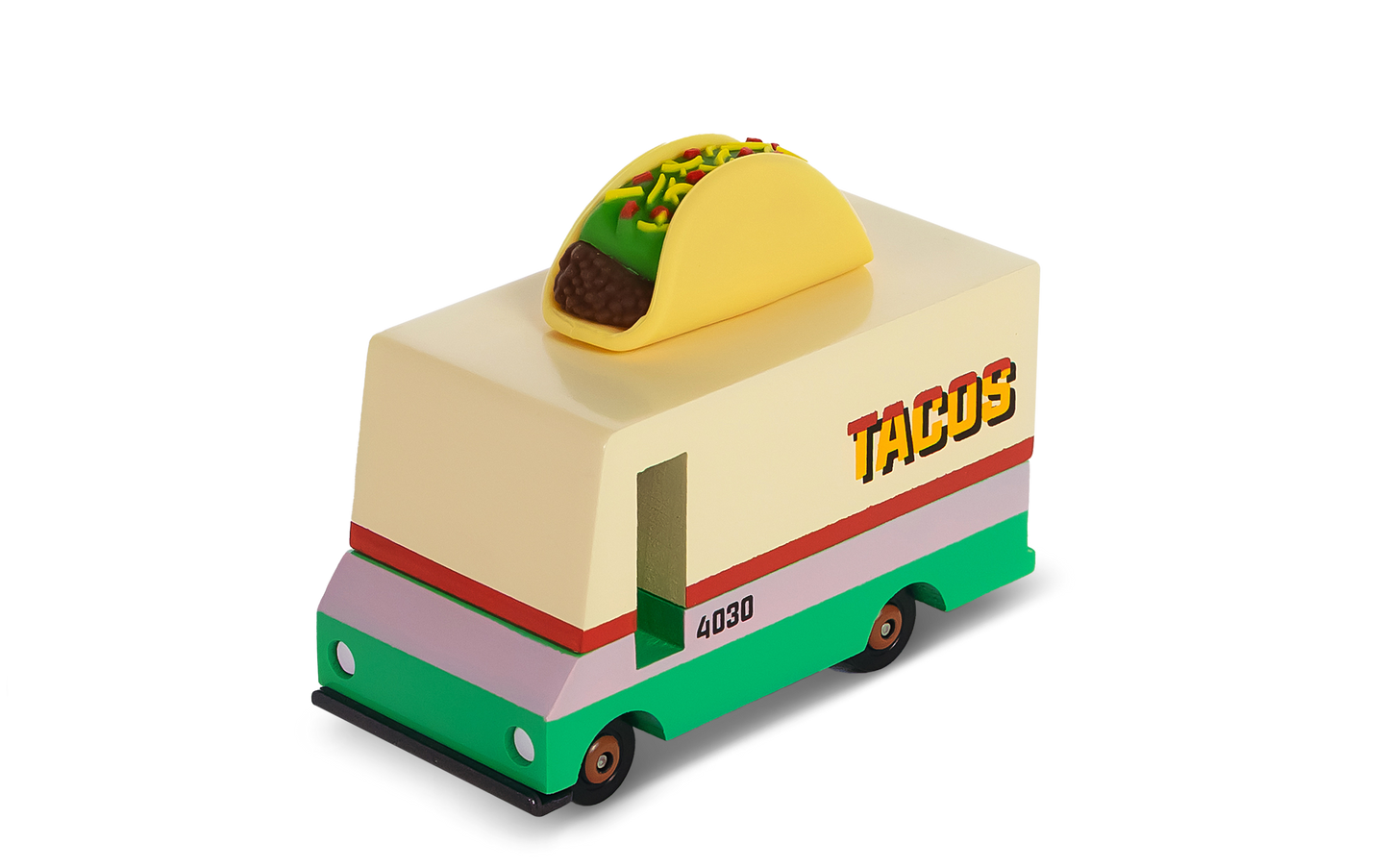 Toy taco truck with a taco on top against a white background
