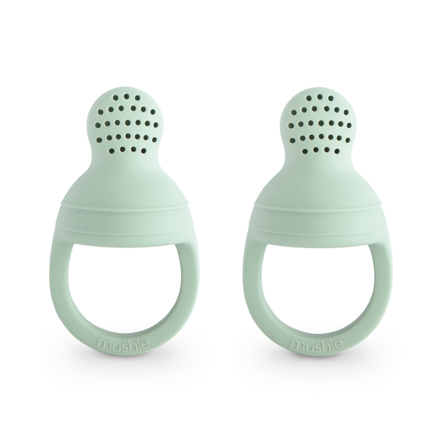 Two mint green silicone teething rings on a white background