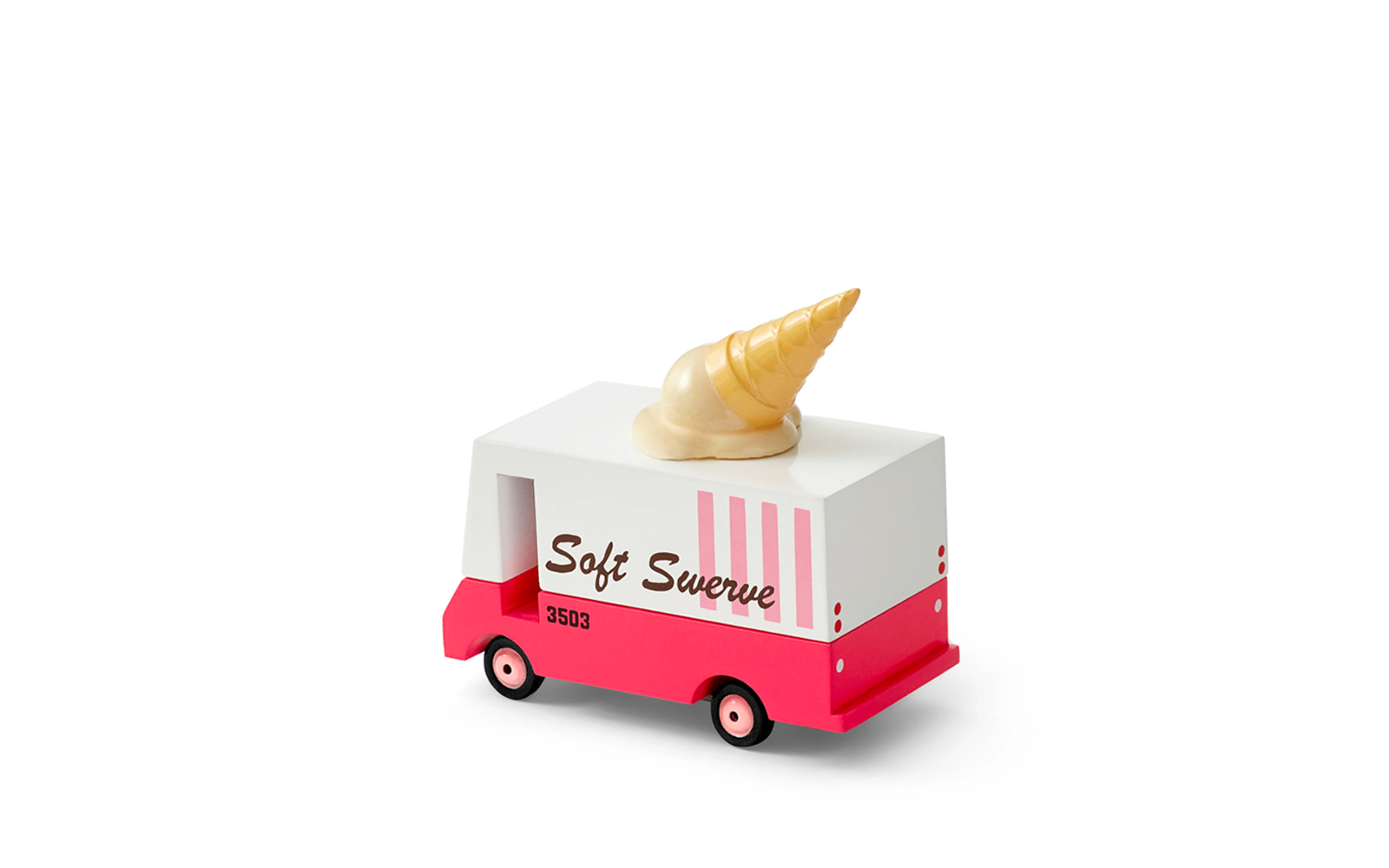 Toy ice cream truck with a cone on top against a white background