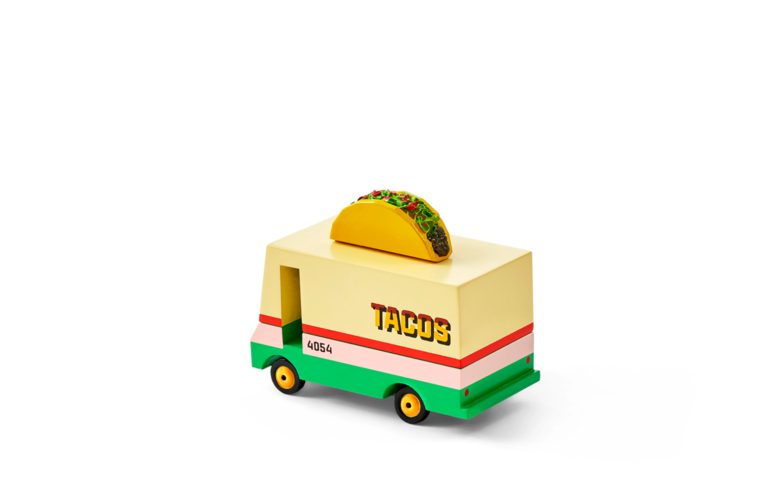 Toy taco truck with a yellow body, green base, and red stripe on a white background