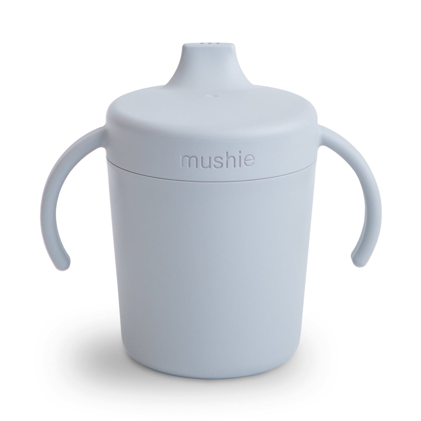 Light blue sippy cup with handles on a white background