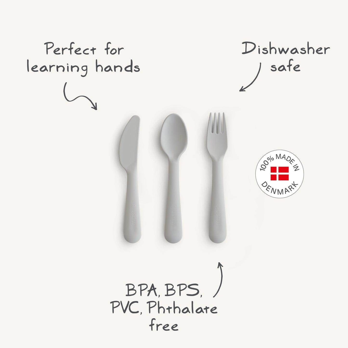 Children's cutlery set with text highlighting features on a white background