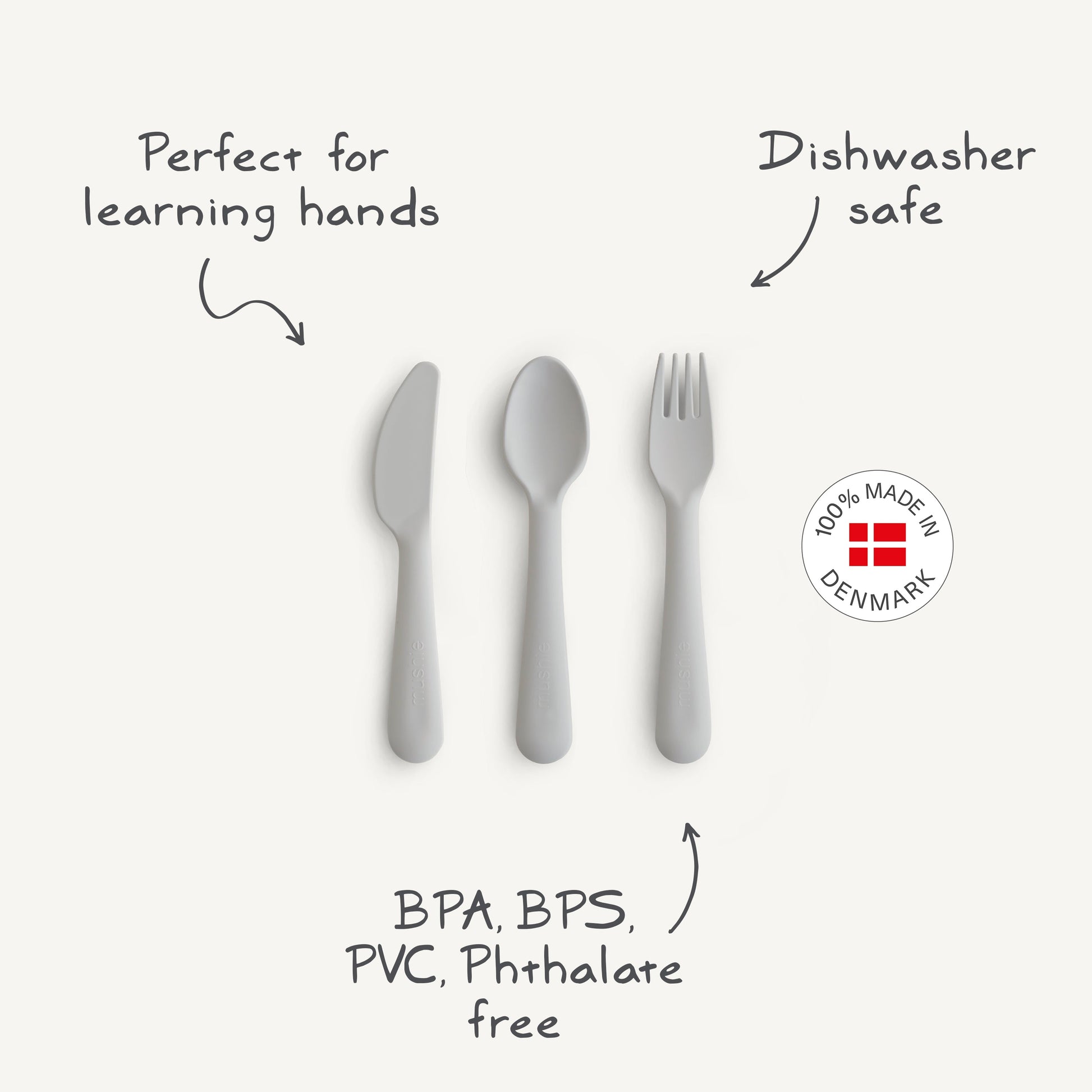 Children's cutlery set with text highlighting features on a white background