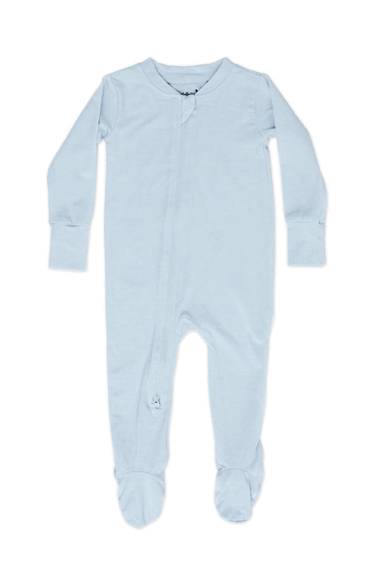 Blue baby onesie with feet on a white background