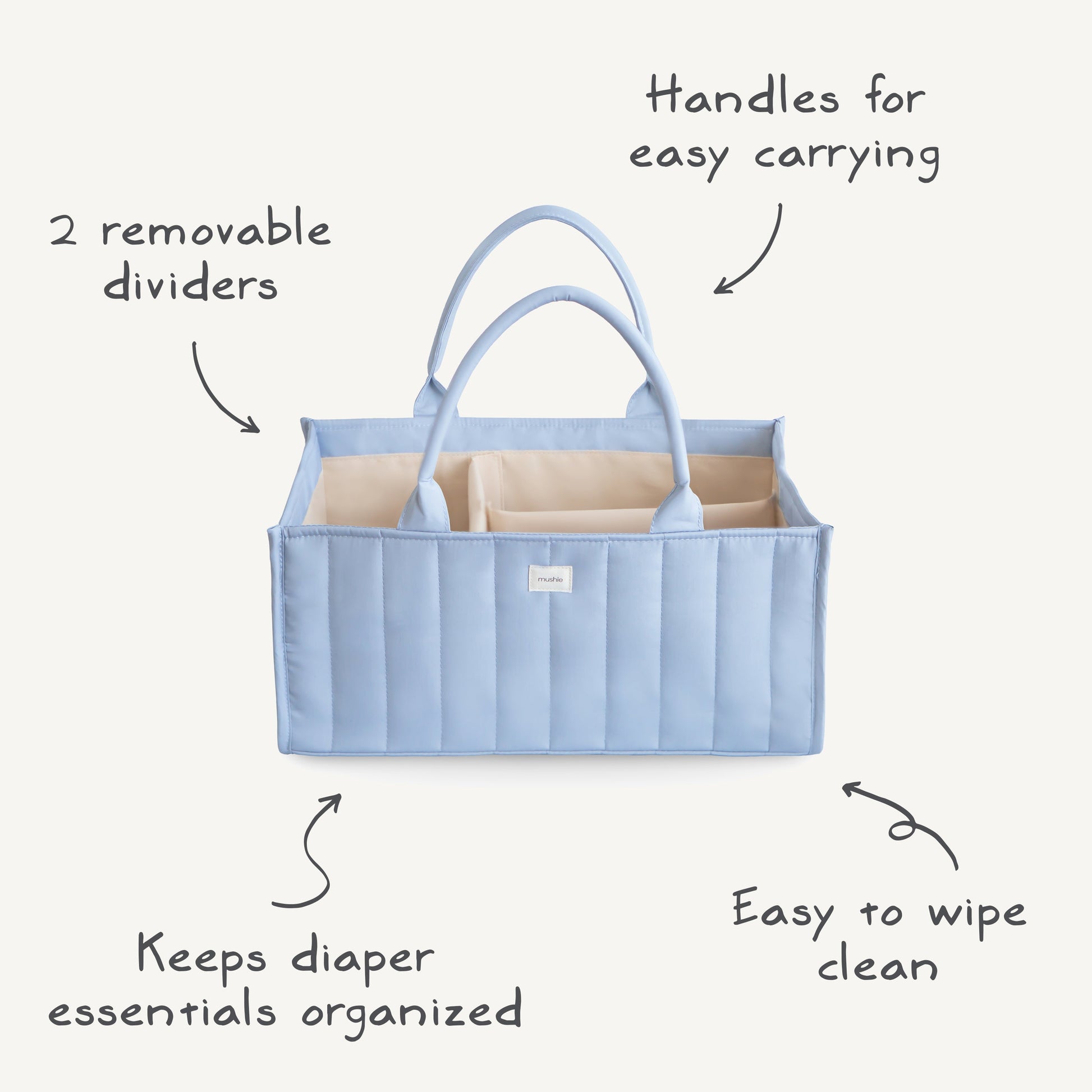 Blue diaper bag with text highlighting features on a white background