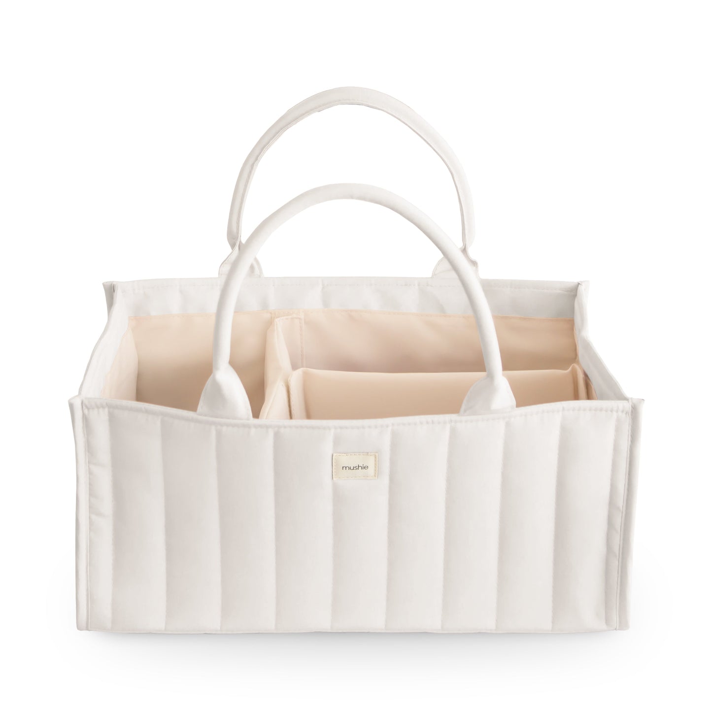White fabric storage caddy with handles on a white background