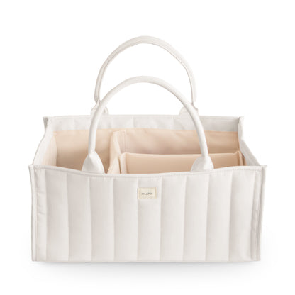 White fabric storage caddy with handles on a white background