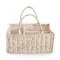 Floral-patterned tote bag with compartments on a white background