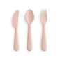 Set of pink cutlery including a knife, spoon, and fork on a white background