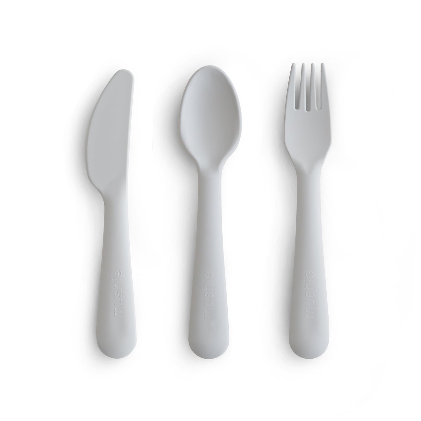 Set of gray cutlery including a knife, spoon, and fork on a white background