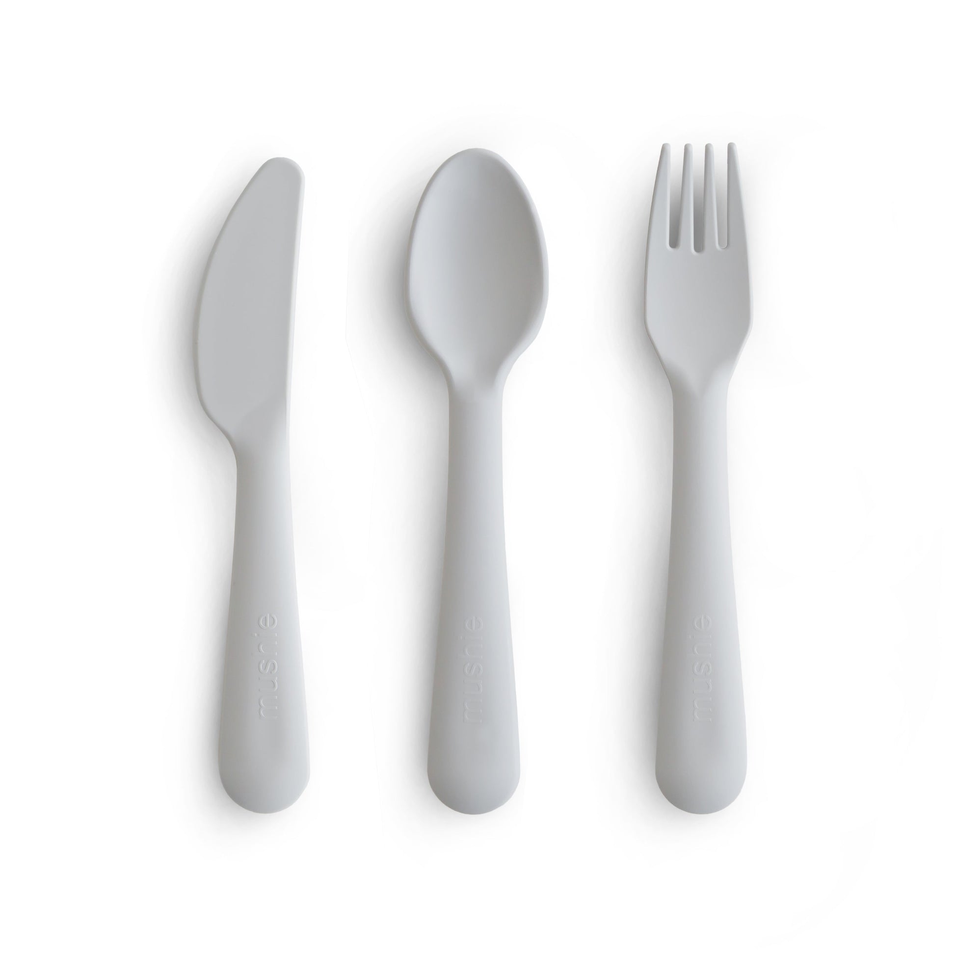 Set of gray cutlery including a knife, spoon, and fork on a white background